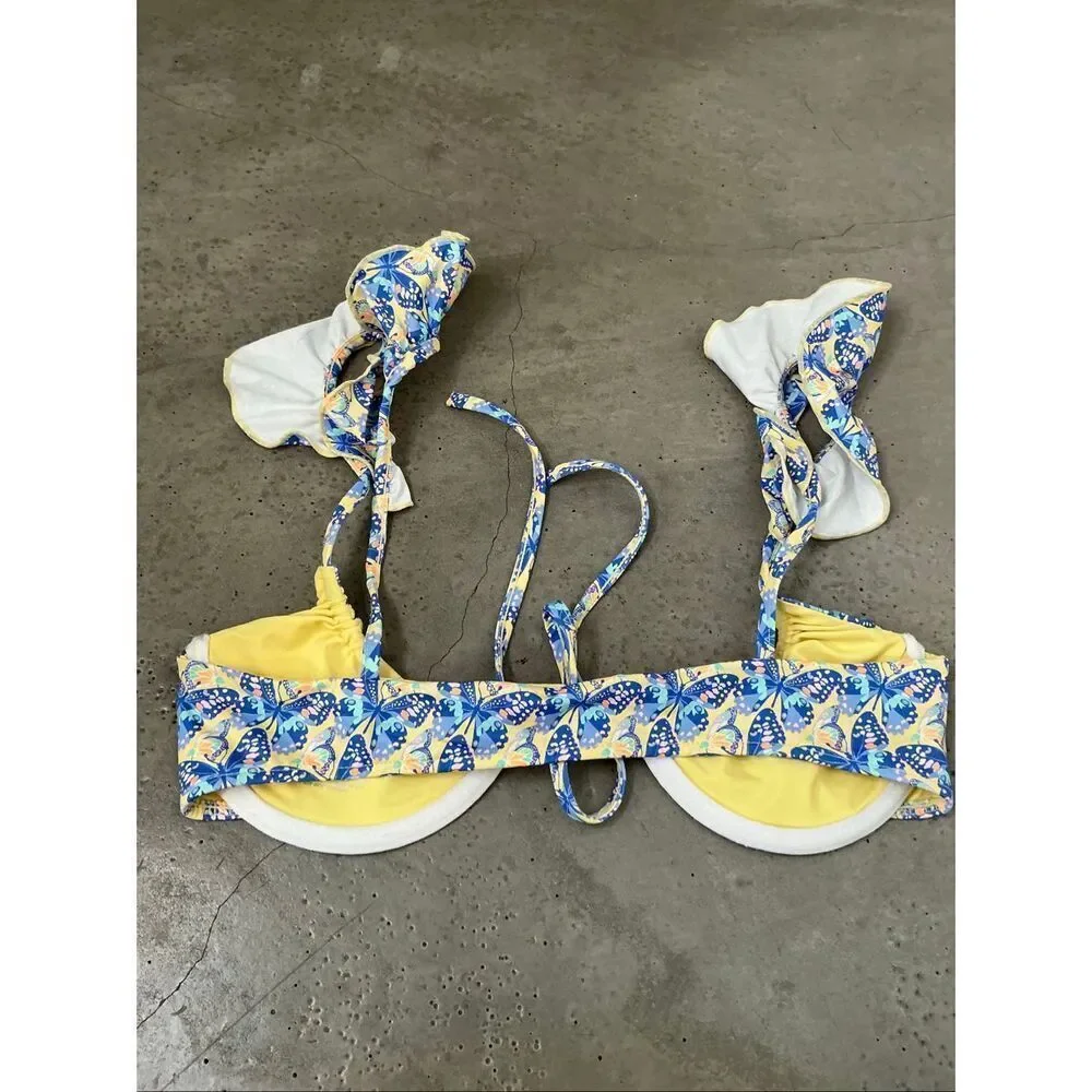 Frankie's Bikinis Birdie Ruffle Bikini Top | Monarch Butterfly Print in Small